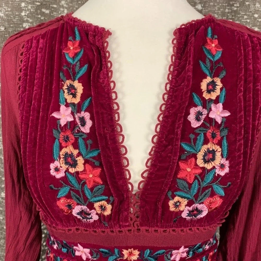Free People‎ Flora Midi Dress Embroidered Velvet Boho Cottagecore Women's Medium
